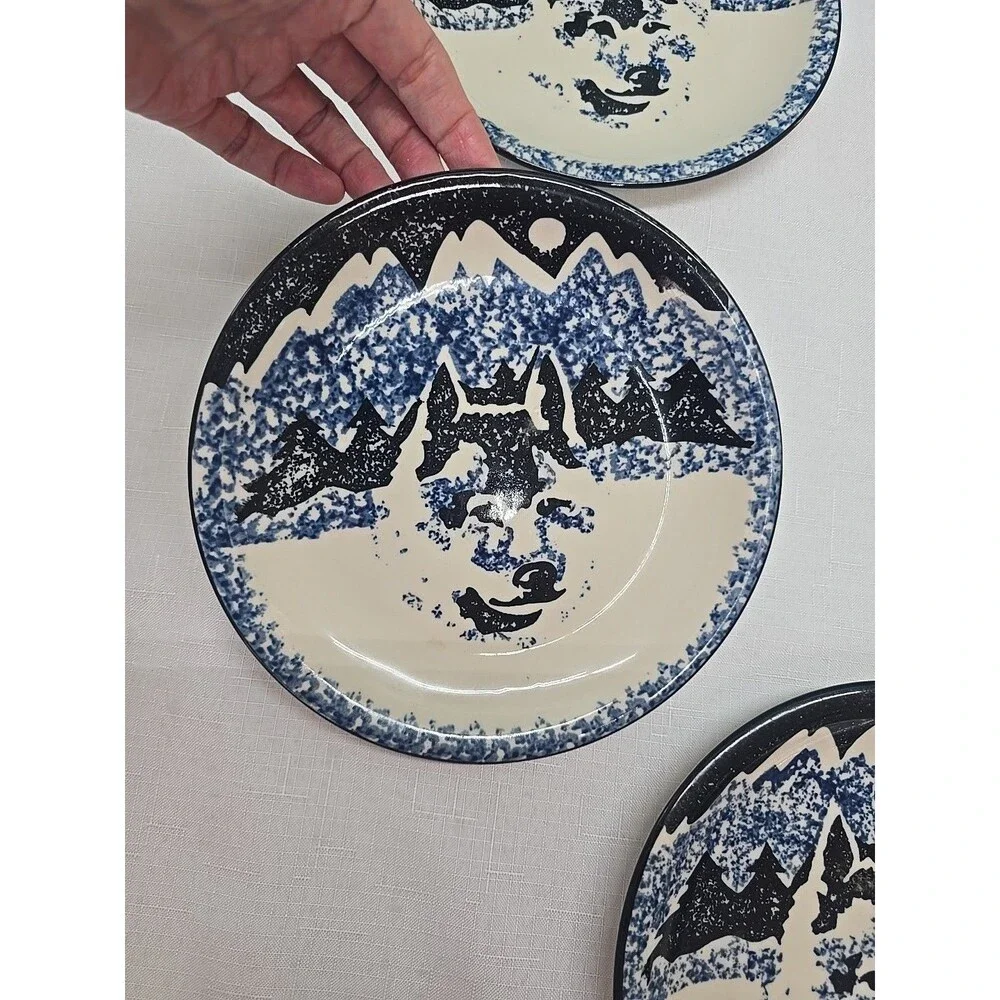 Set of 5 VTG WOLF by TIENSHAN FOLK CRAFT 7 5/8' Salad Dessert Plates Blue**READ*